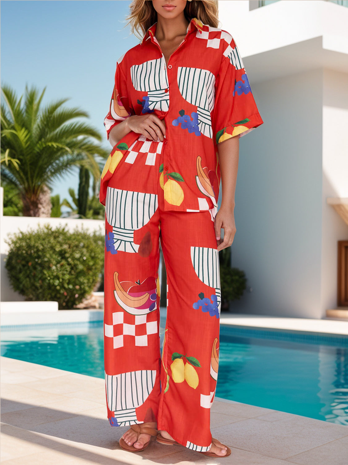 Wild Card Printed Dropped Shoulder Top and Wide Leg Pants Set