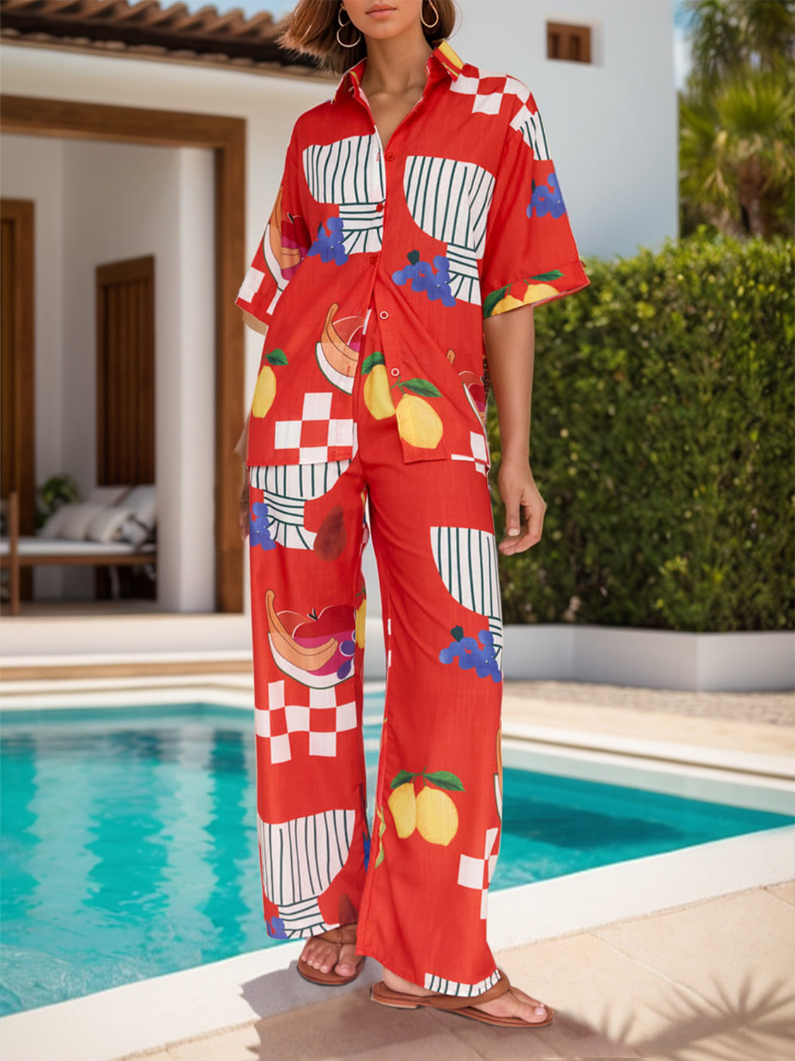 Wild Card Printed Dropped Shoulder Top and Wide Leg Pants Set