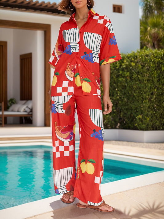 Wild Card Printed Dropped Shoulder Top and Wide Leg Pants Set
